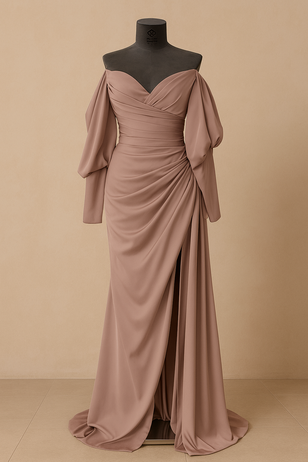 Blush Satin Off-Shoulder Gown with Draped Sleeves-SS0011
