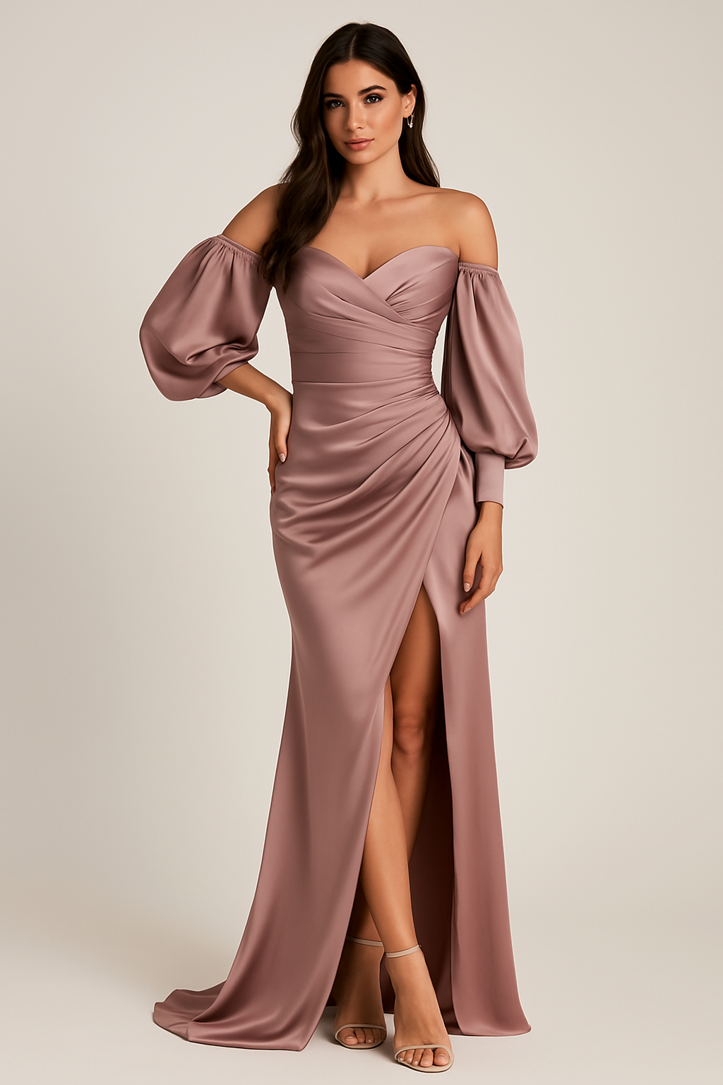 Blush Satin Off-Shoulder Gown with Draped Sleeves-SS0011
