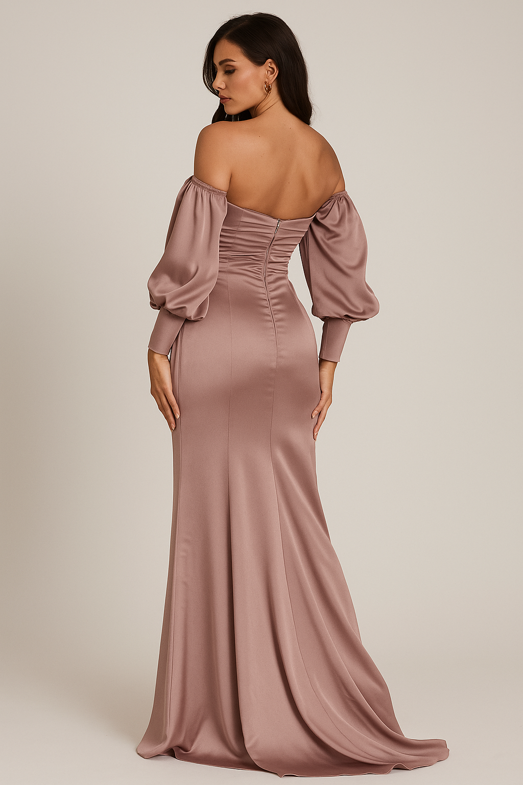 Blush Satin Off-Shoulder Gown with Draped Sleeves-SS0011