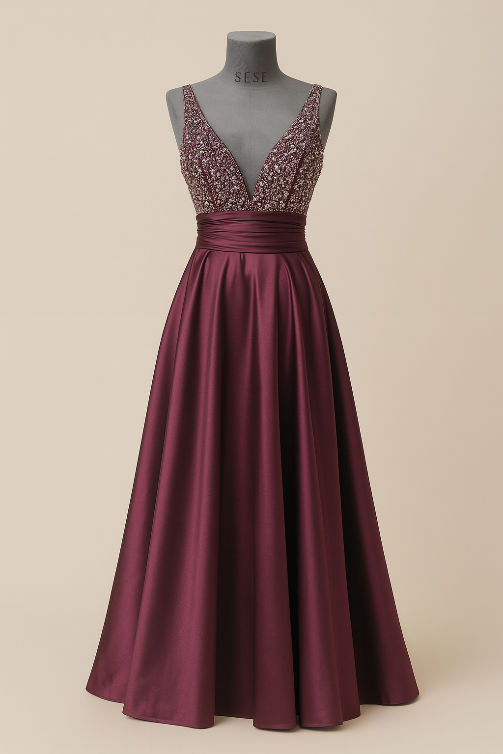 Burgundy Beaded Satin Evening Gown-SS0009