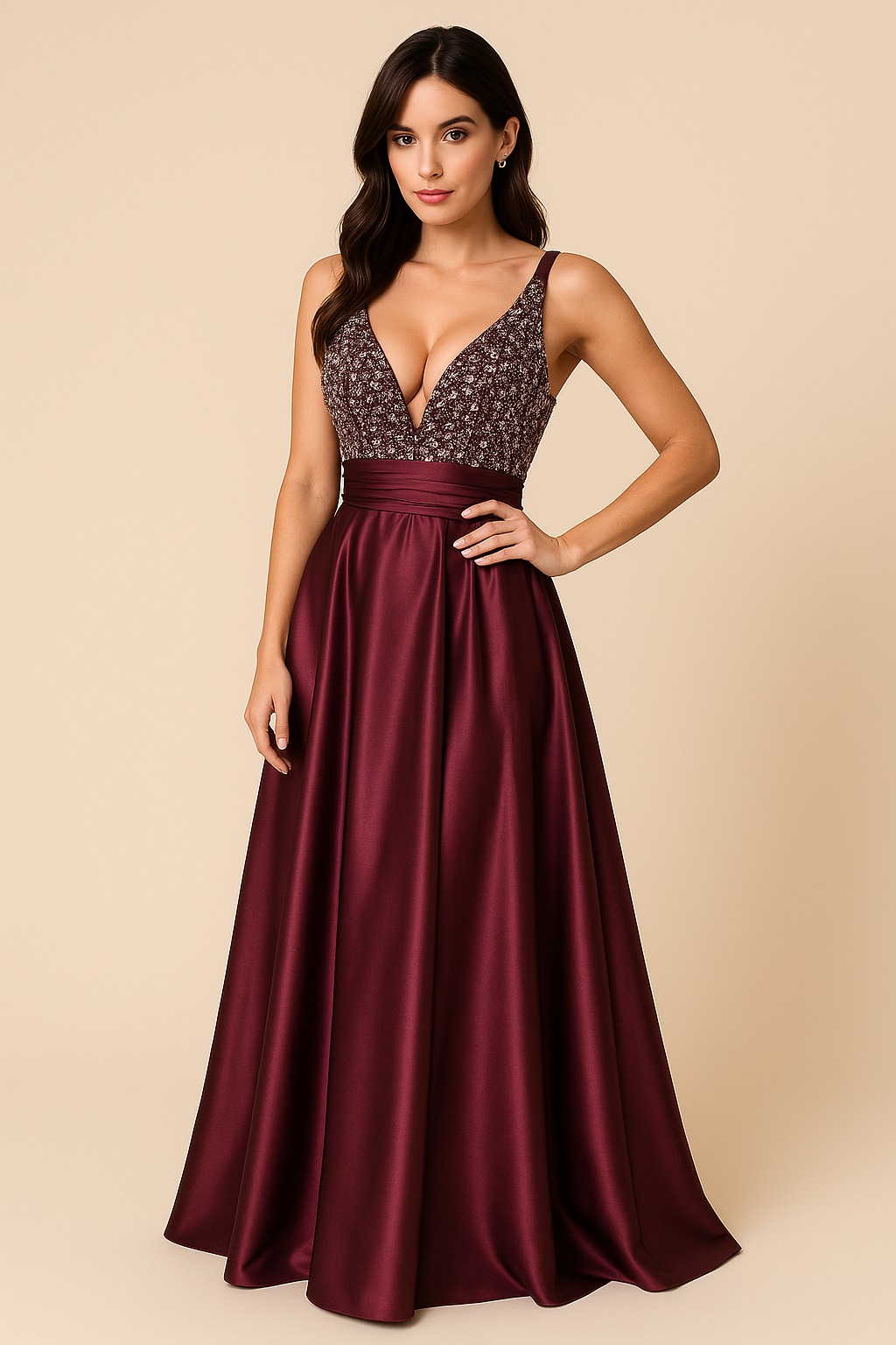 Burgundy Beaded Satin Evening Gown-SS0009