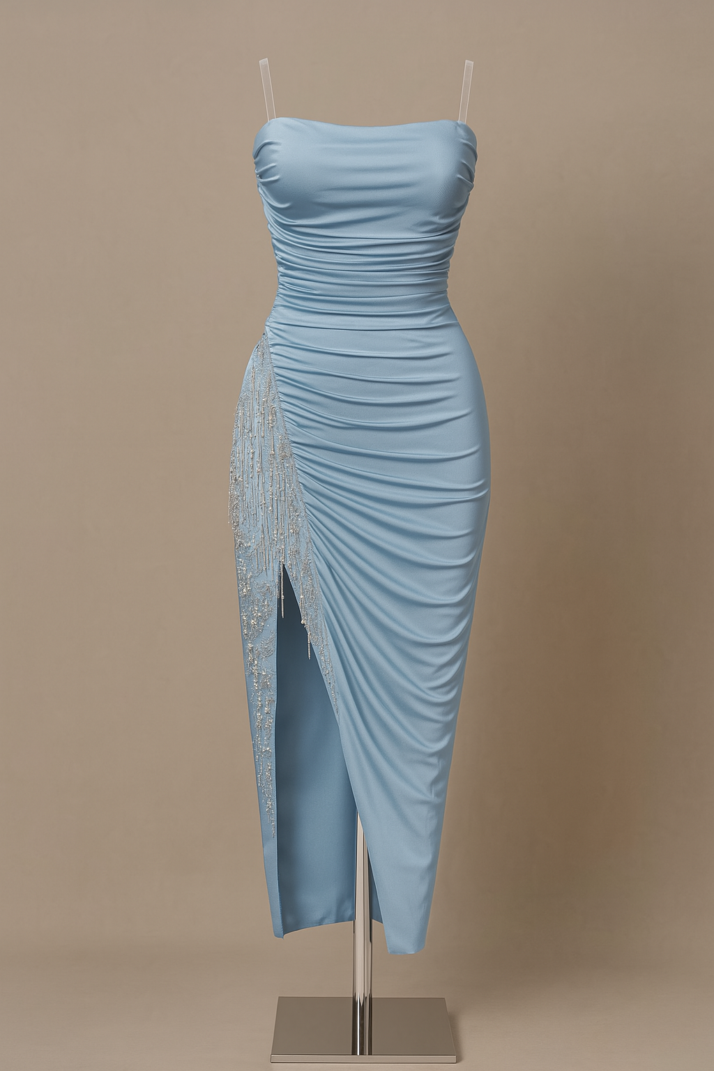 Draped Beaded Slit Satin Dress-SS0015
