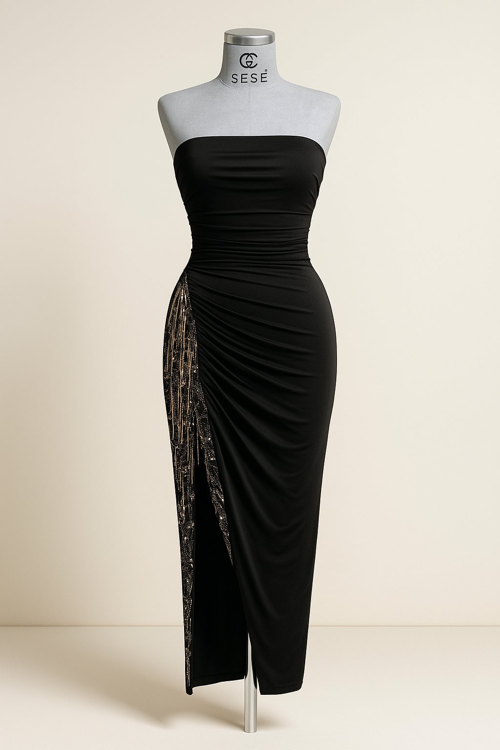 Draped Beaded Slit Satin Dress-SS0015