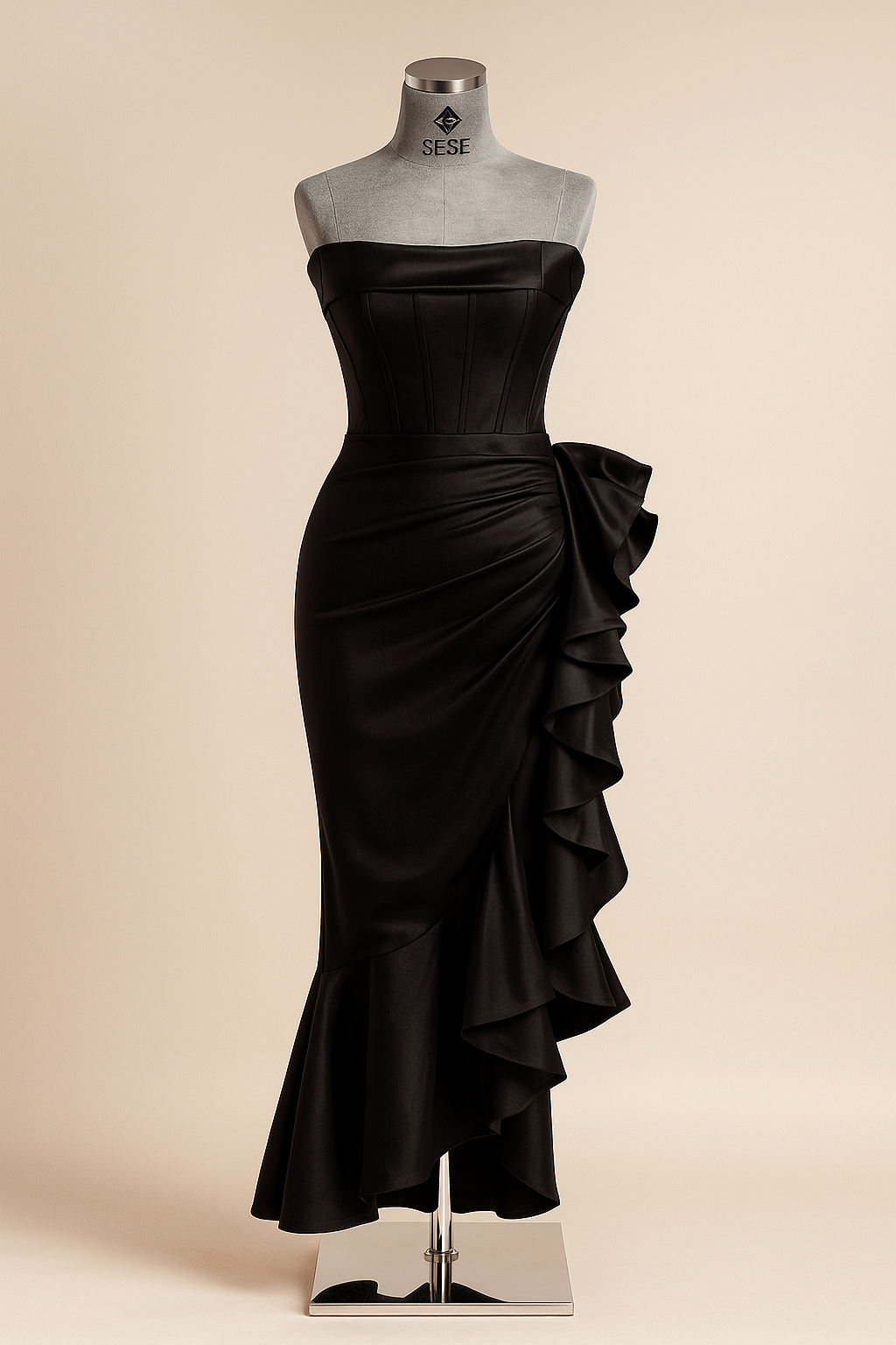 Black Satin Corset Ruffle Evening Dress-SS0012