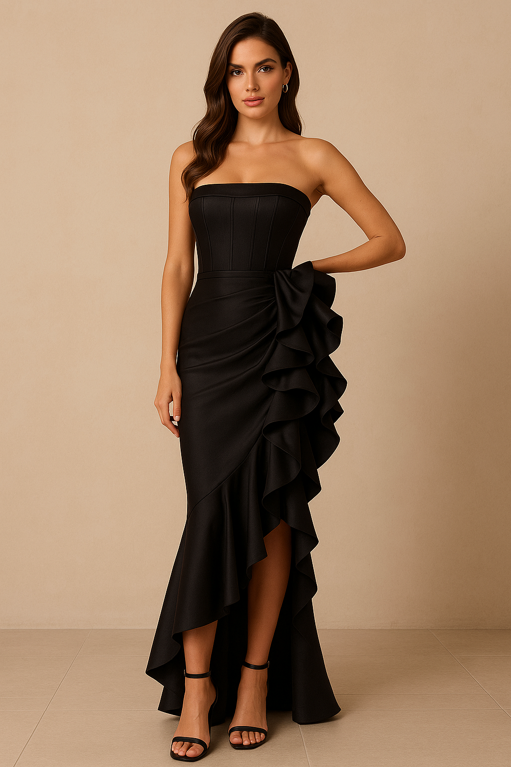 Black Satin Corset Ruffle Evening Dress-SS0012