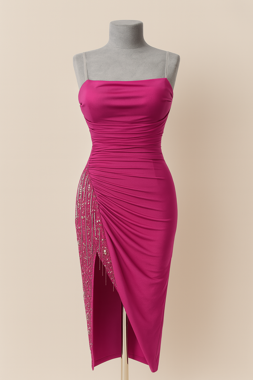 Draped Beaded Slit Satin Dress-SS0015