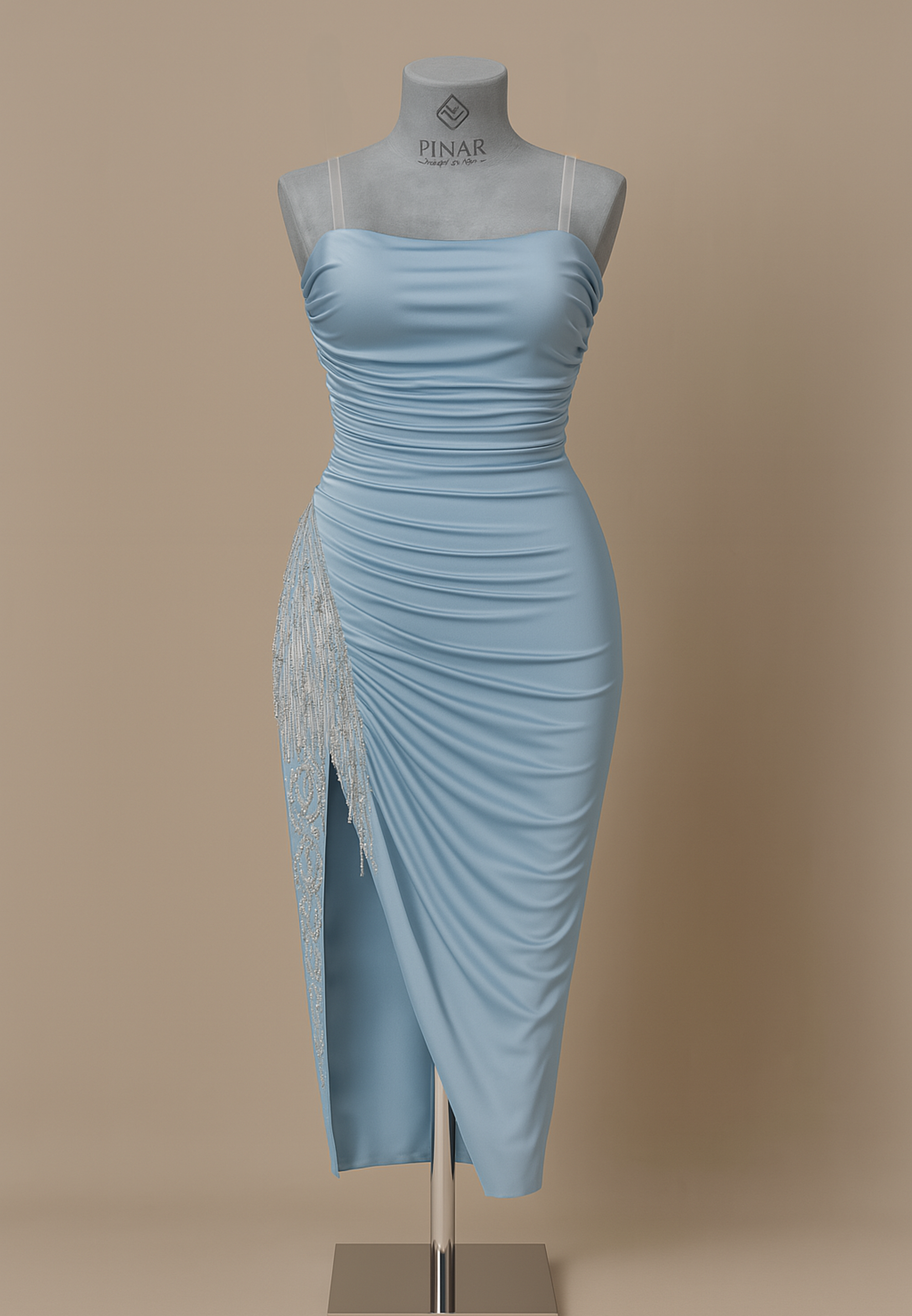 Draped Beaded Slit Satin Dress-SS0015