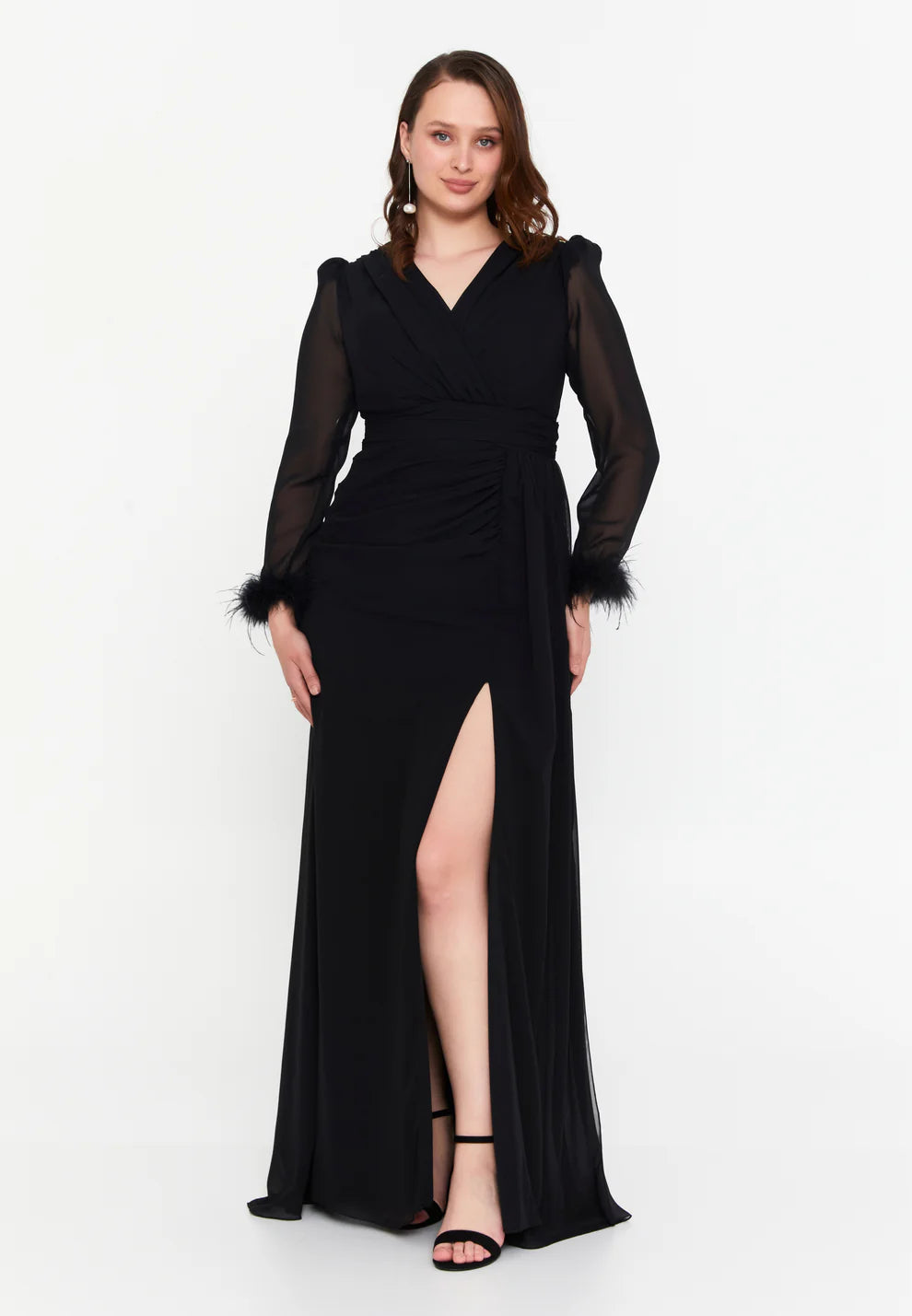 Long Sleeve Maxi Chiffon Mermaid Plus Size Wedding Guest Dress-SS0028