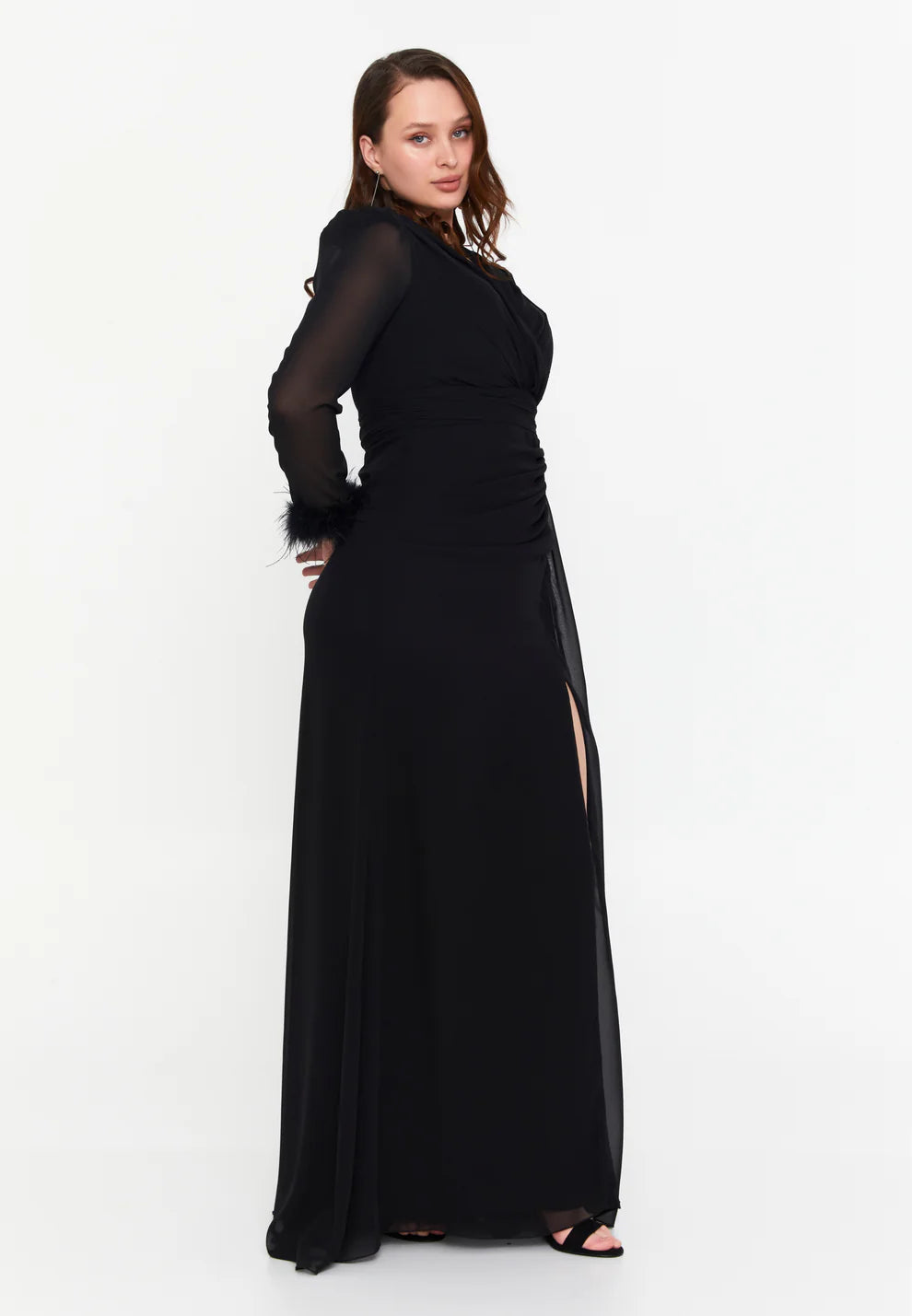 Long Sleeve Maxi Chiffon Mermaid Plus Size Wedding Guest Dress-SS0028