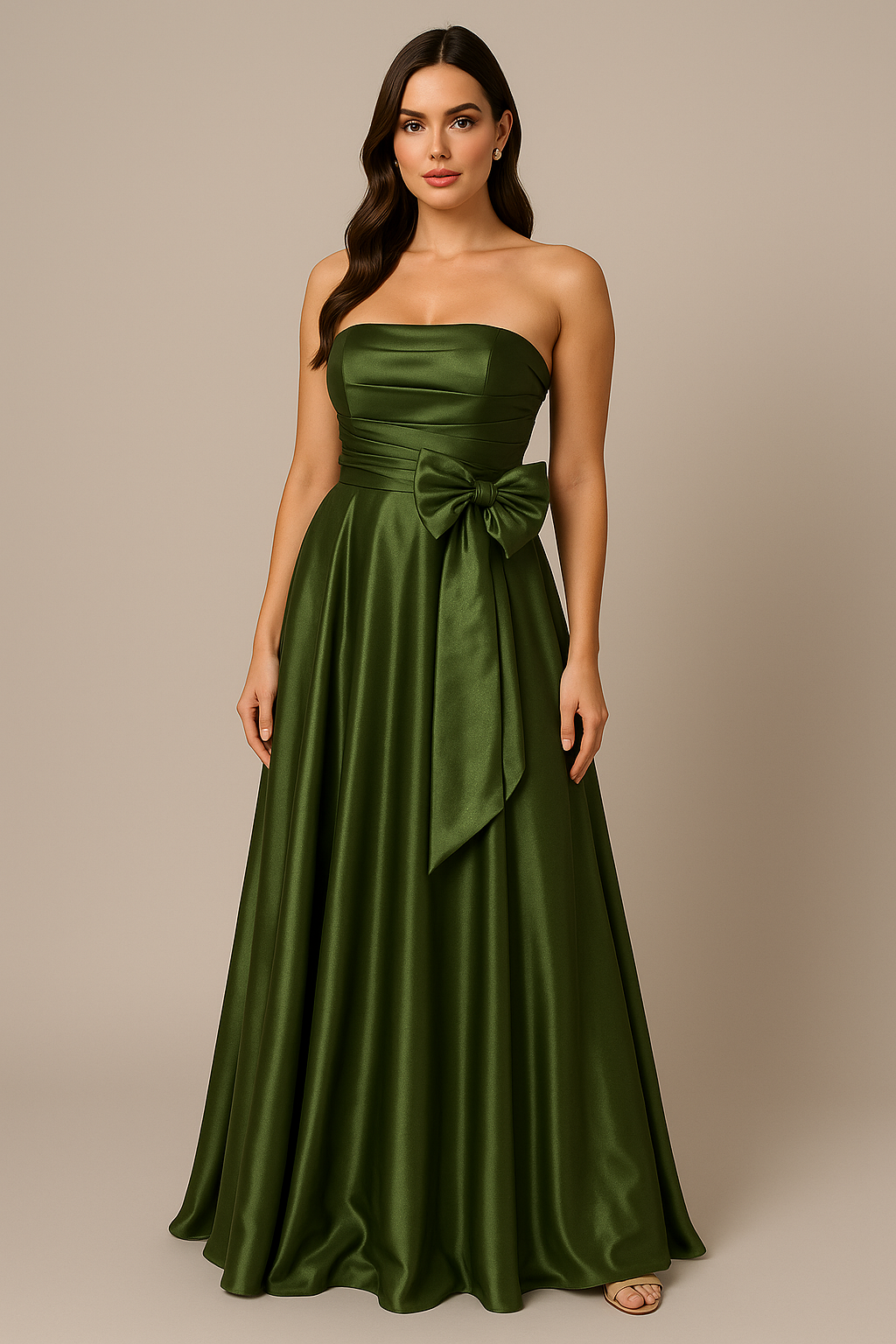Women's Green Satin Draped Strapless Maxi Dress with Bow Detail-SS0013