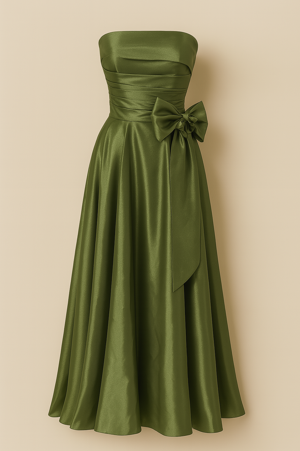 Women's Green Satin Draped Strapless Maxi Dress with Bow Detail-SS0013