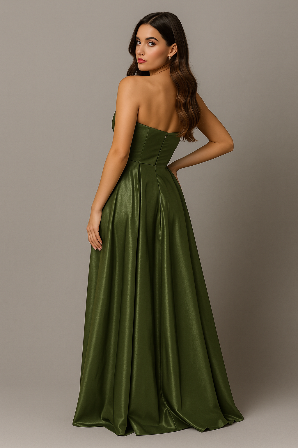 Women's Green Satin Draped Strapless Maxi Dress with Bow Detail-SS0013