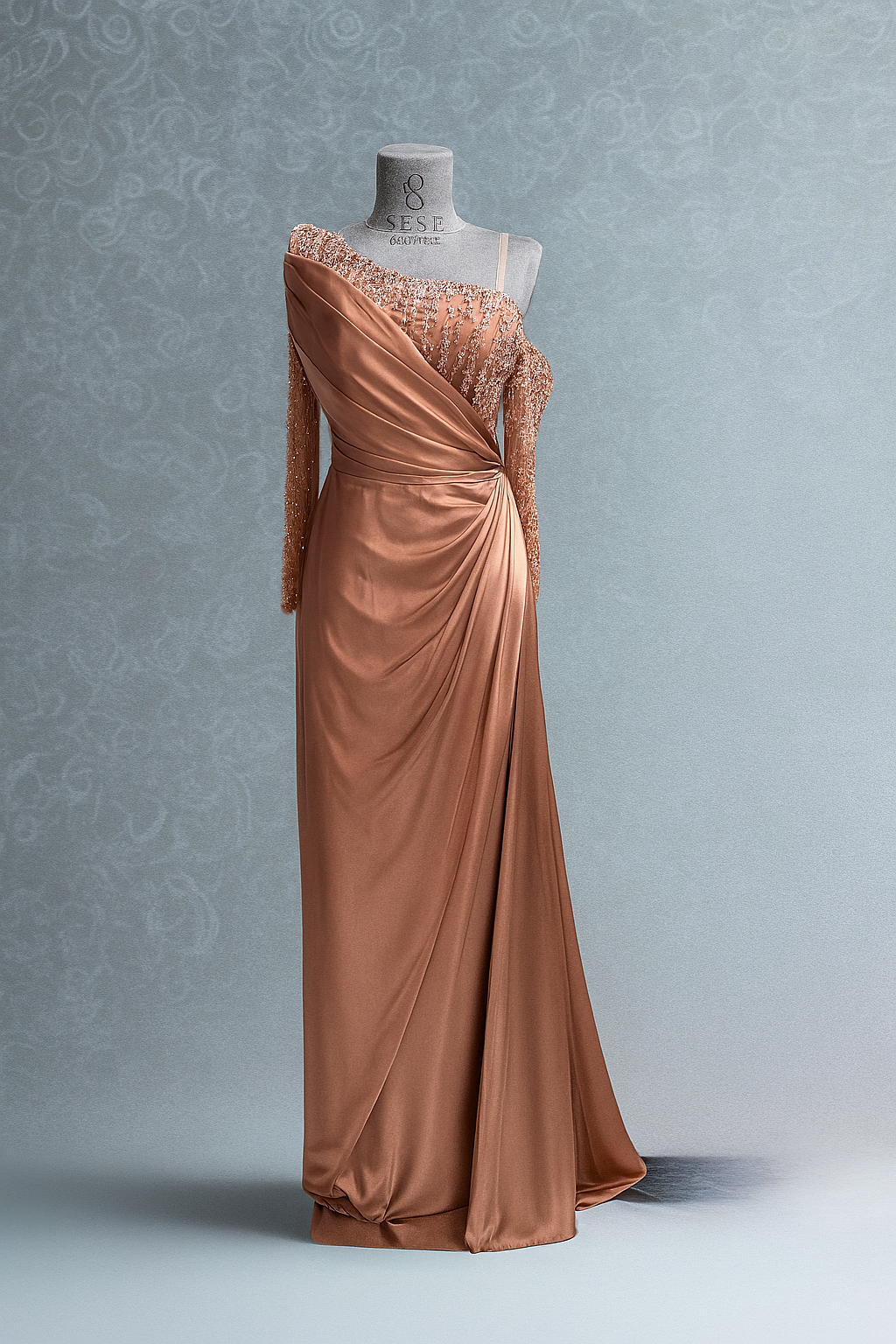 Rose Gold One-Shoulder Embellished Evening Gown with Draped Waist-SS0010