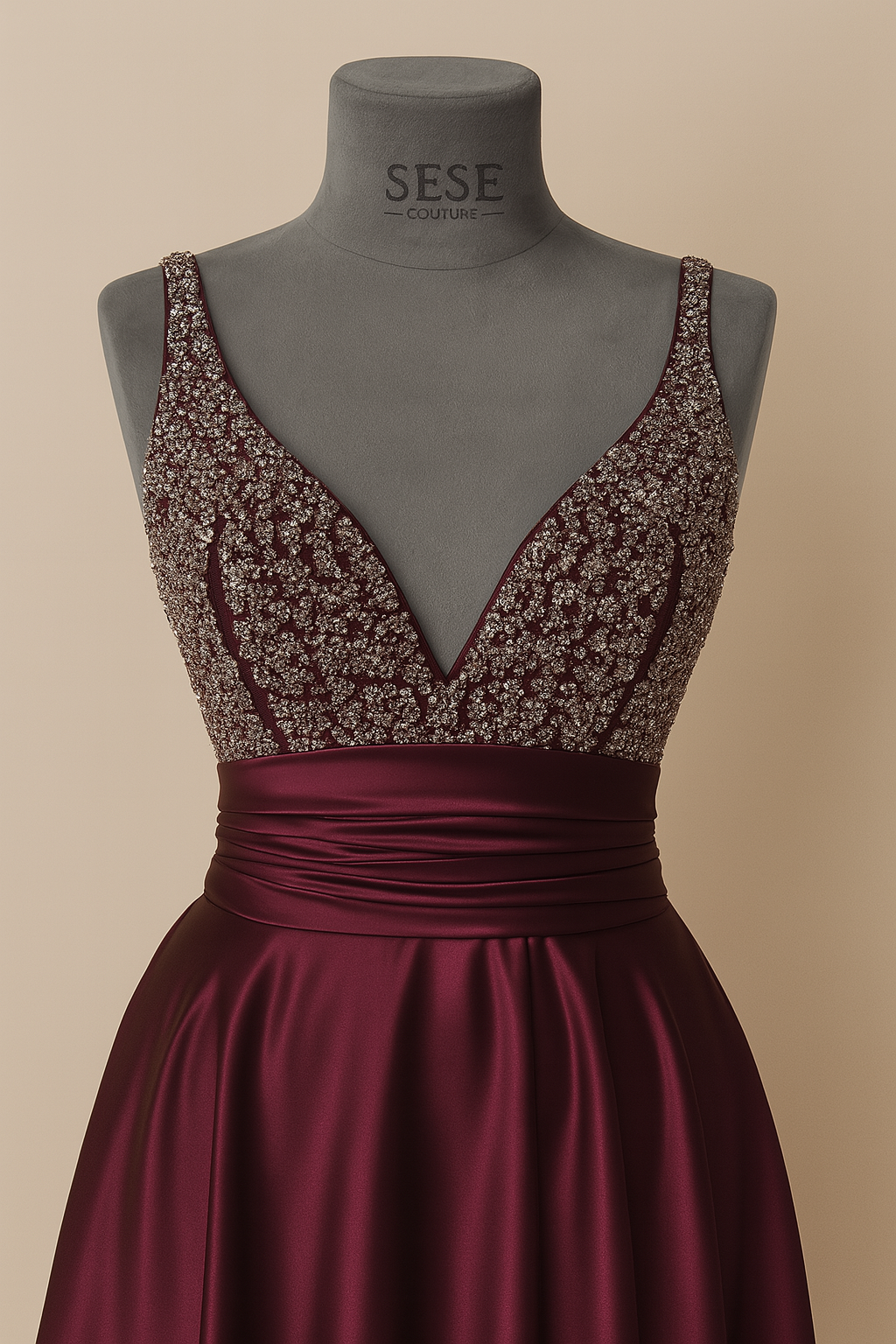 Burgundy Beaded Satin Evening Gown-SS0009