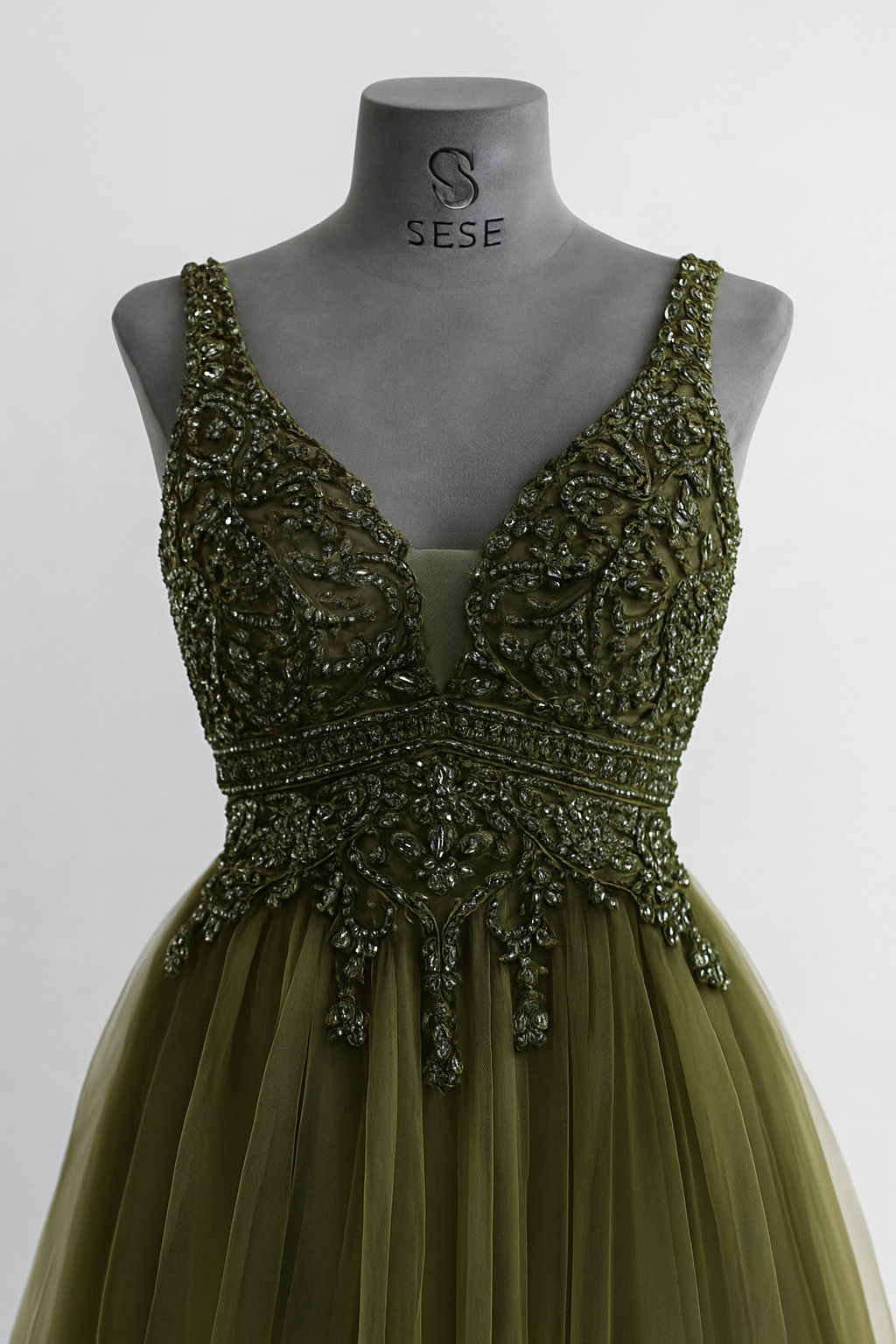 Olive Green Hand-Embroidered Tulle Evening Gown- SS0008