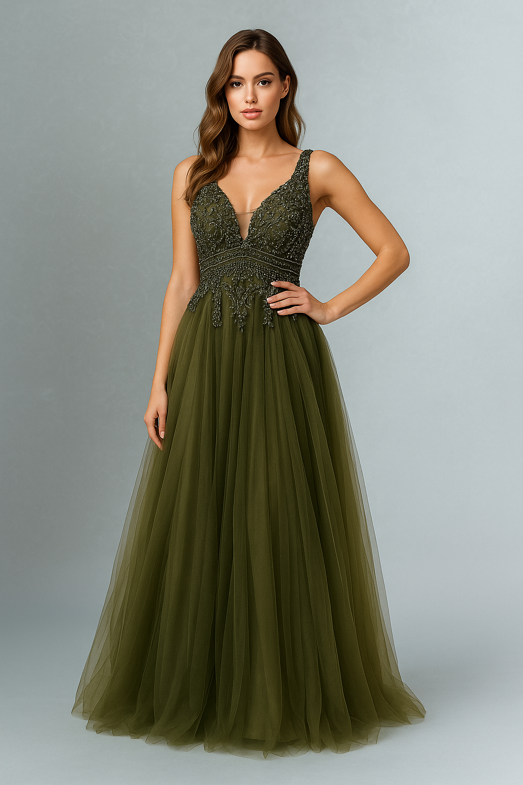 Olive Green Hand-Embroidered Tulle Evening Gown- SS0008