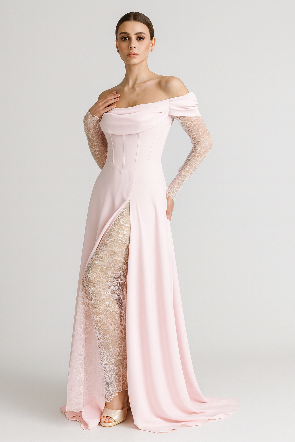 Elegant Black Off-Shoulder Lace Sleeve Evening Gown-SS0007