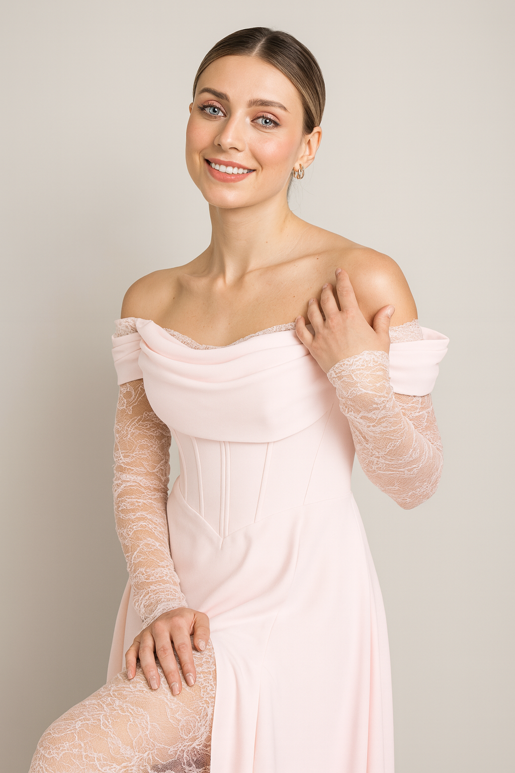 Elegant Black Off-Shoulder Lace Sleeve Evening Gown-SS0007