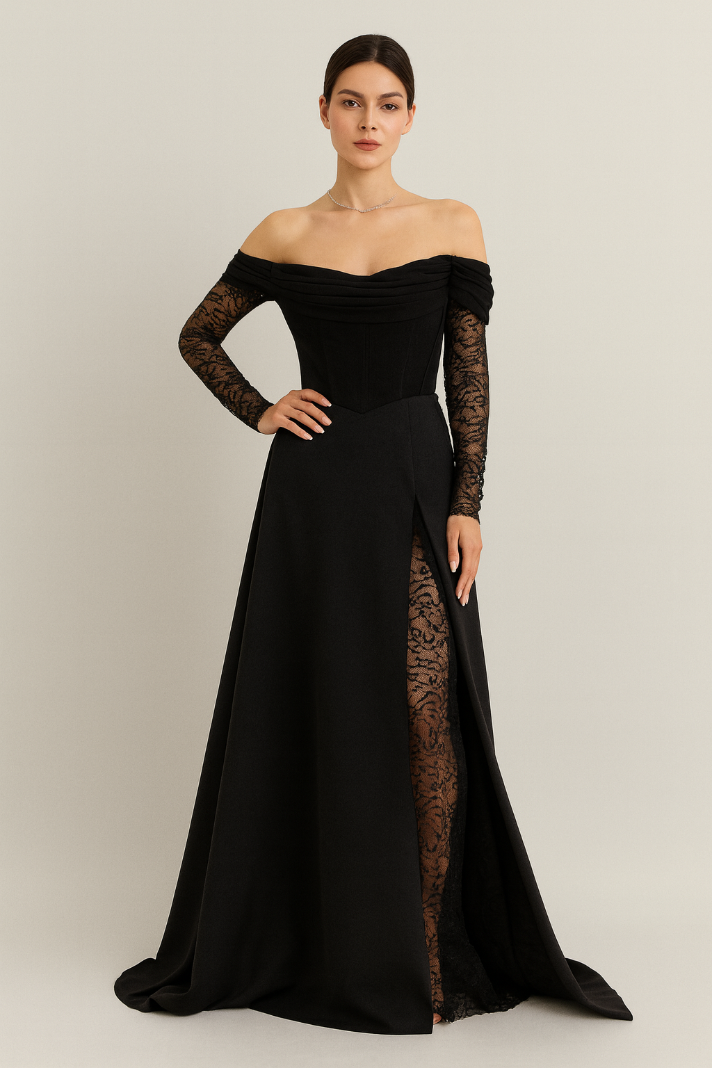 Elegant Black Off-Shoulder Lace Sleeve Evening Gown-SS0007