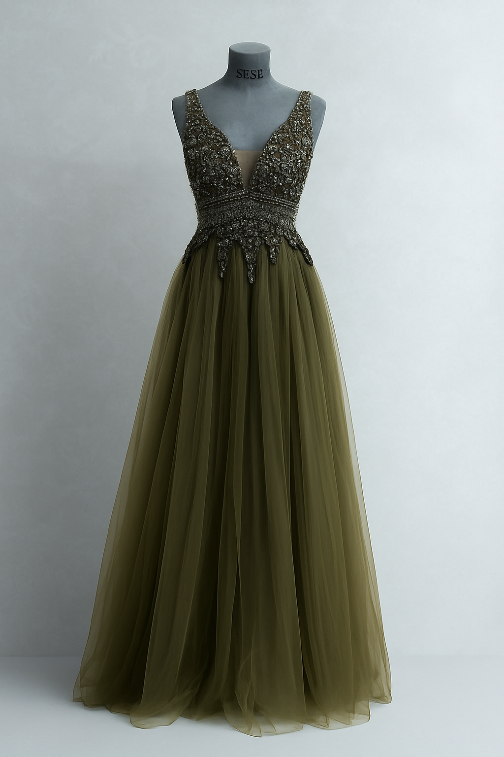 Olive Green Hand-Embroidered Tulle Evening Gown- SS0008