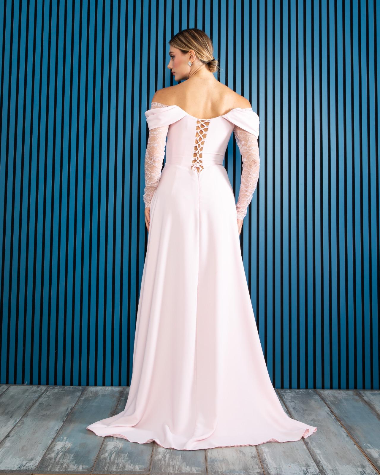 Elegant Black Off-Shoulder Lace Sleeve Evening Gown-SS0007