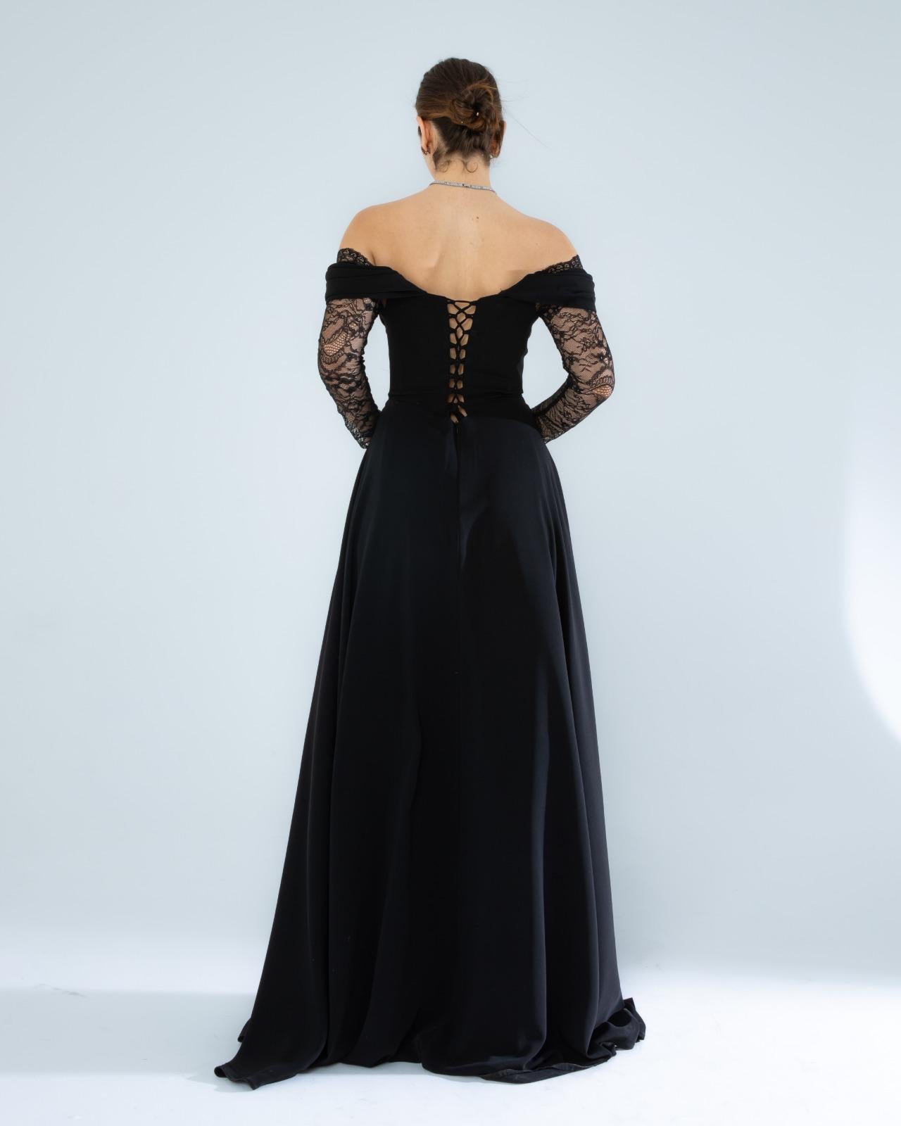 Elegant Black Off-Shoulder Lace Sleeve Evening Gown-SS0007