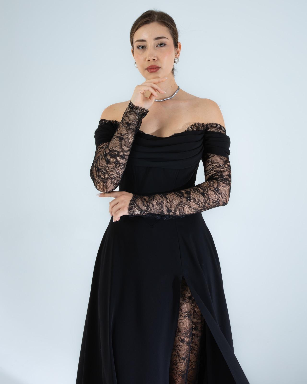 Elegant Black Off-Shoulder Lace Sleeve Evening Gown-SS0007