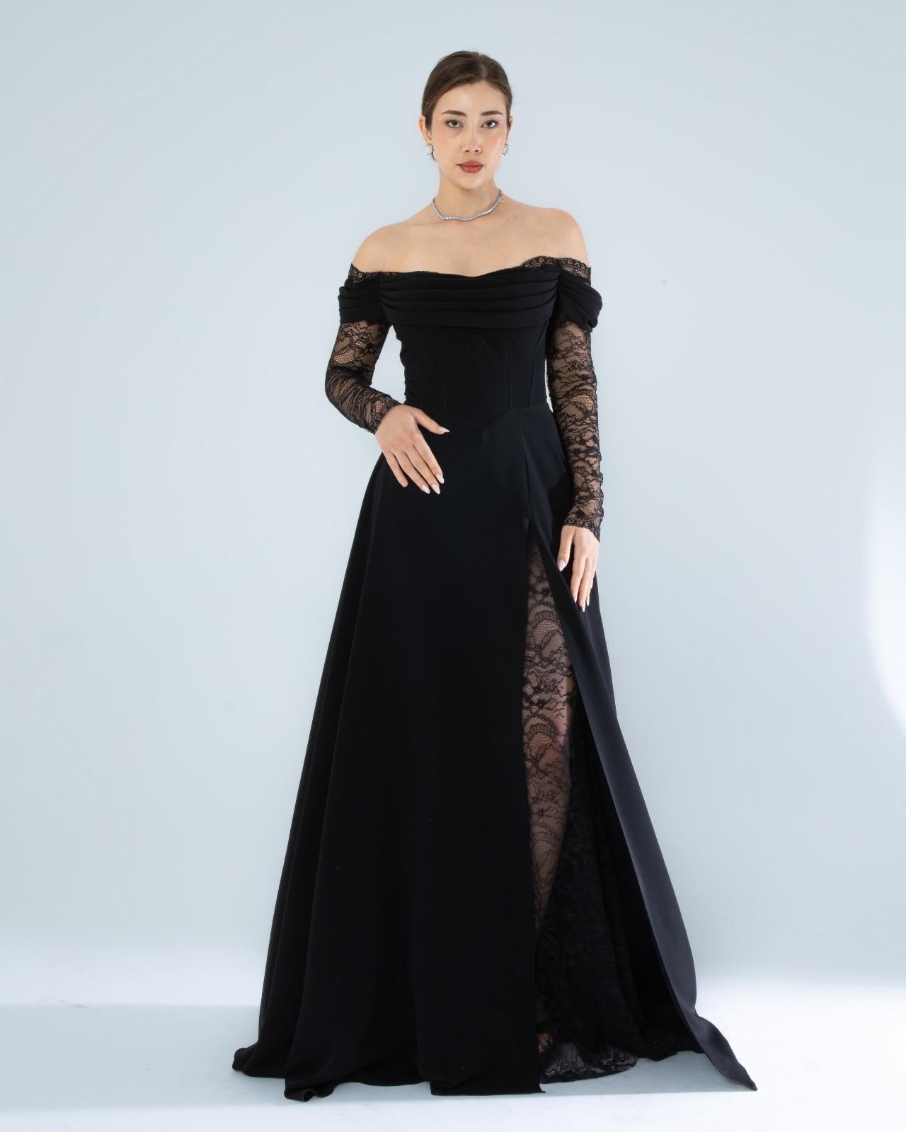 Elegant Black Off-Shoulder Lace Sleeve Evening Gown-SS0007